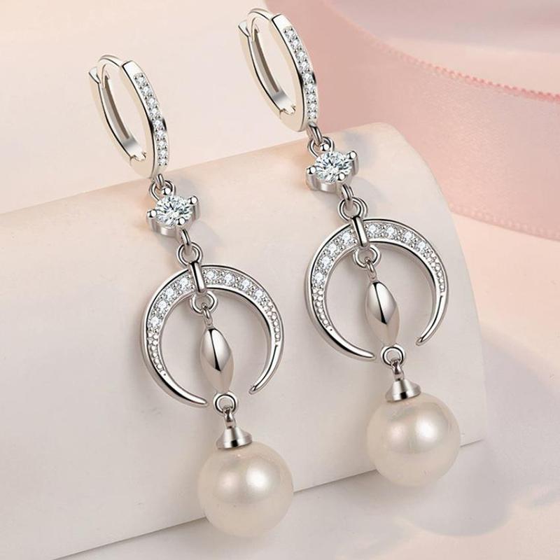 European and American Zircon Earrings Luxurious Shiny 925 Silver Crescent Moon Ear Buckle Women's Elegant Pearl Earring KOFSAC