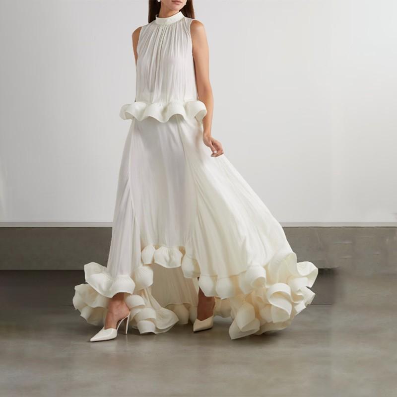 Pleated Stand-neck Sleeveless Top Asymmetrical Stitching Flounce Skirt Two-piece Set