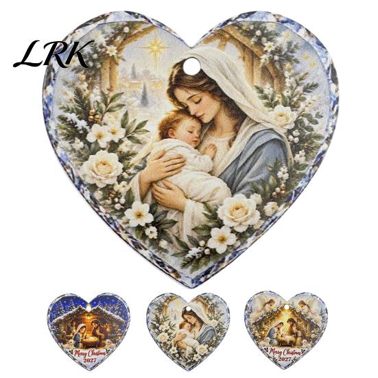 Christmas Fireplace Decorative Accents Wooden Nativity Hanging Ornament for Tree Decorations, Retro Religious Heart Shaped Pendants Scene Garland