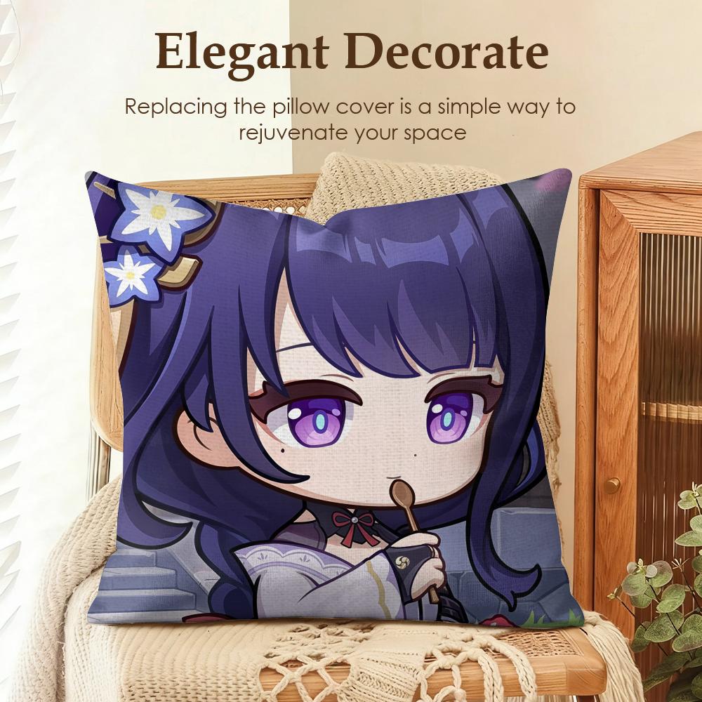 Raiden Shogun cute Genshin Cushion Cover Natural Linen Organic Fabric DoubleSided Printing Sofa Home Decor Gift Pillow Case
