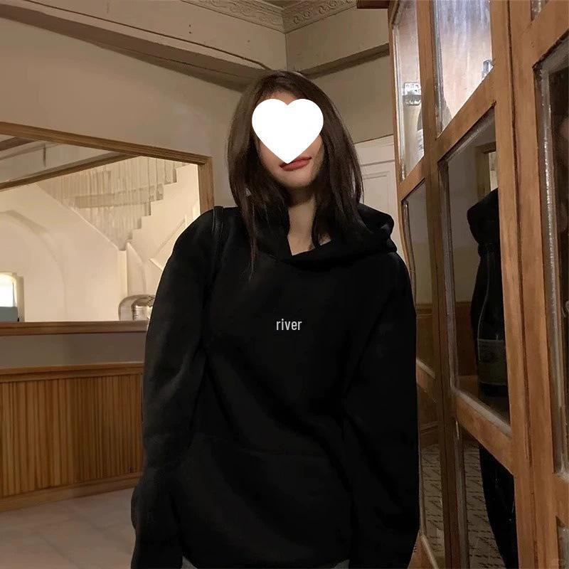 Women's Fleece-Lined Embroidered Hoodie, Thick Loose Fit, Long-Sleeve, White/Gray, New 2025 Style for Autumn/Winter.