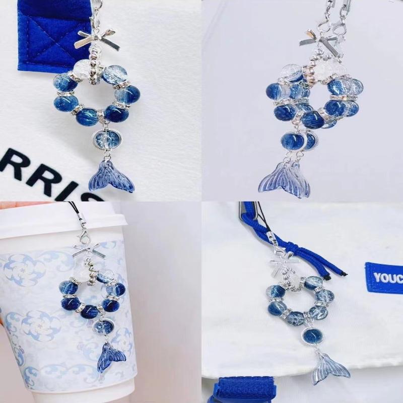 Blue Mermaid Tail Phone Charm,Beaded Bow Keychain