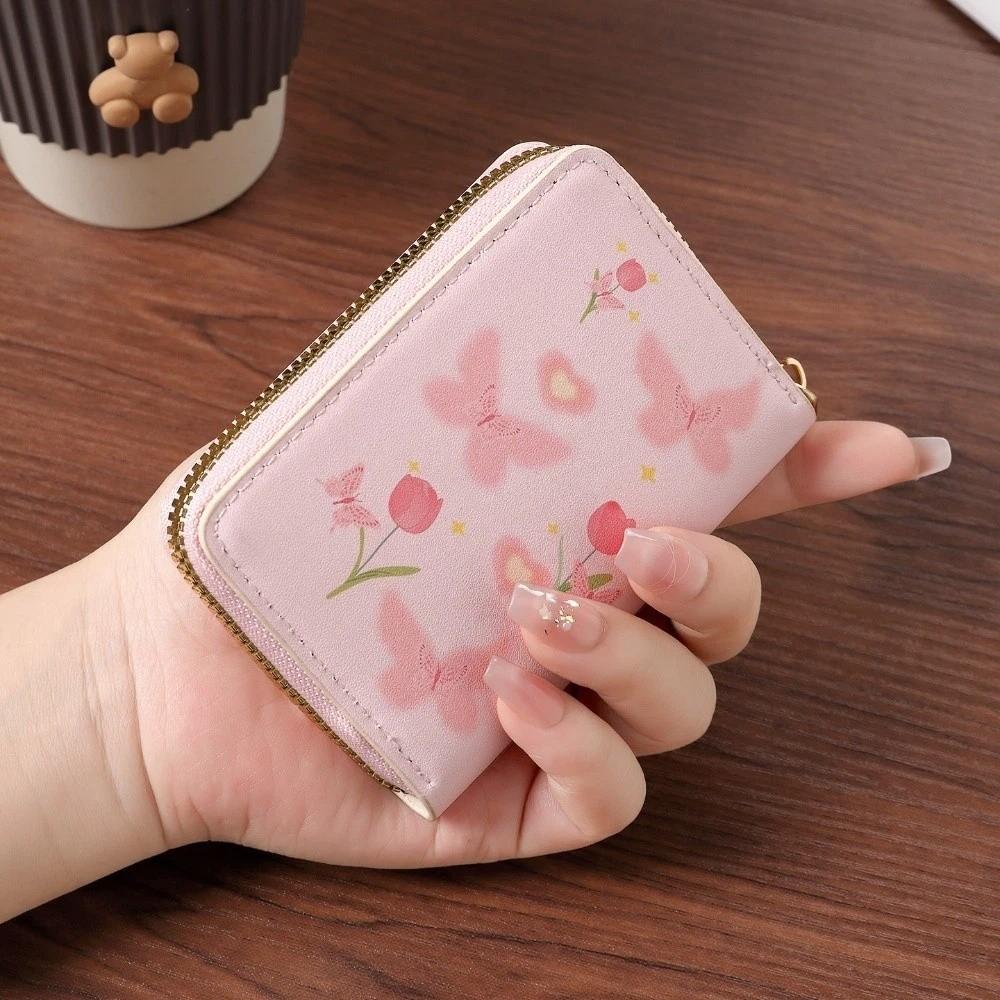 

Portable Multi Slot Zipper Wallet Floral Bow Large Capacity Card Holder PU Leather Coin Purse Women