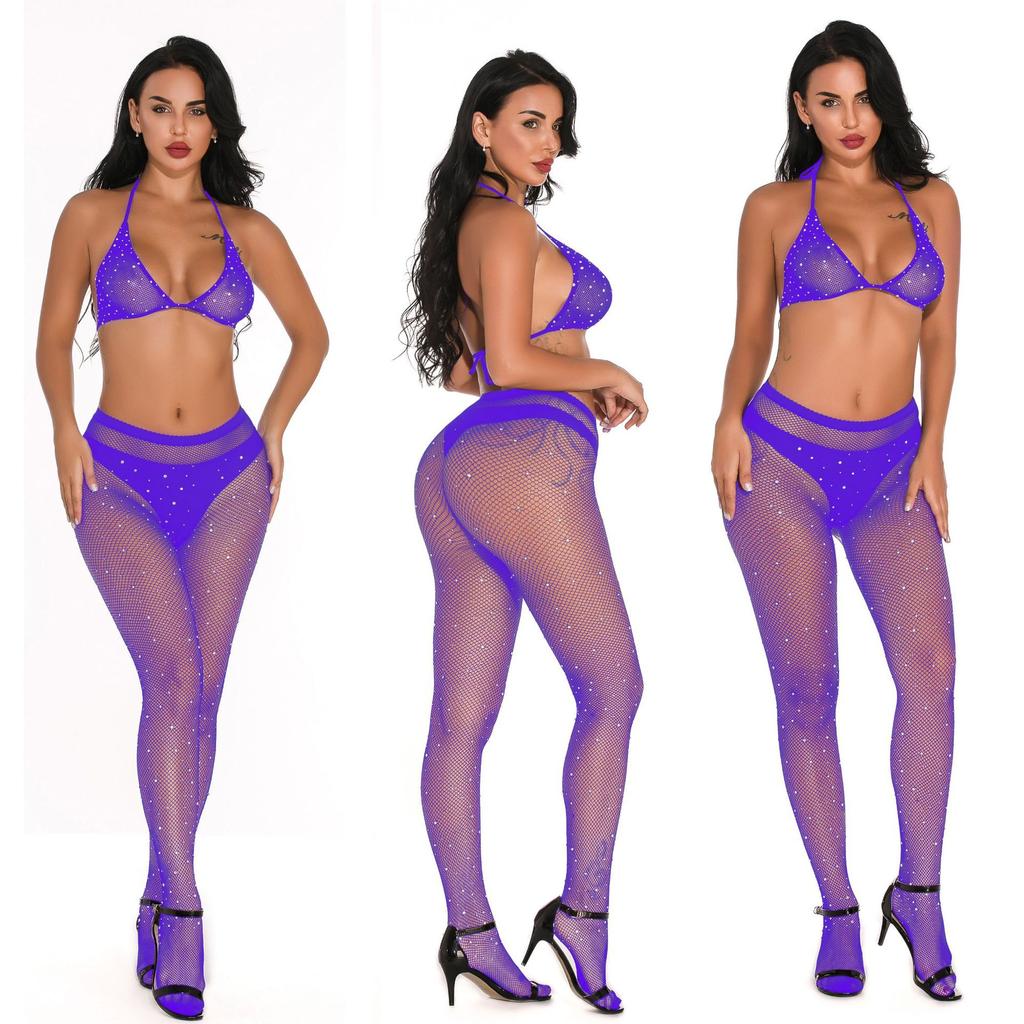 European and American sex underwear hot diamond fishing net socks small mesh pants sexy belt diamond strap bikini set TZW