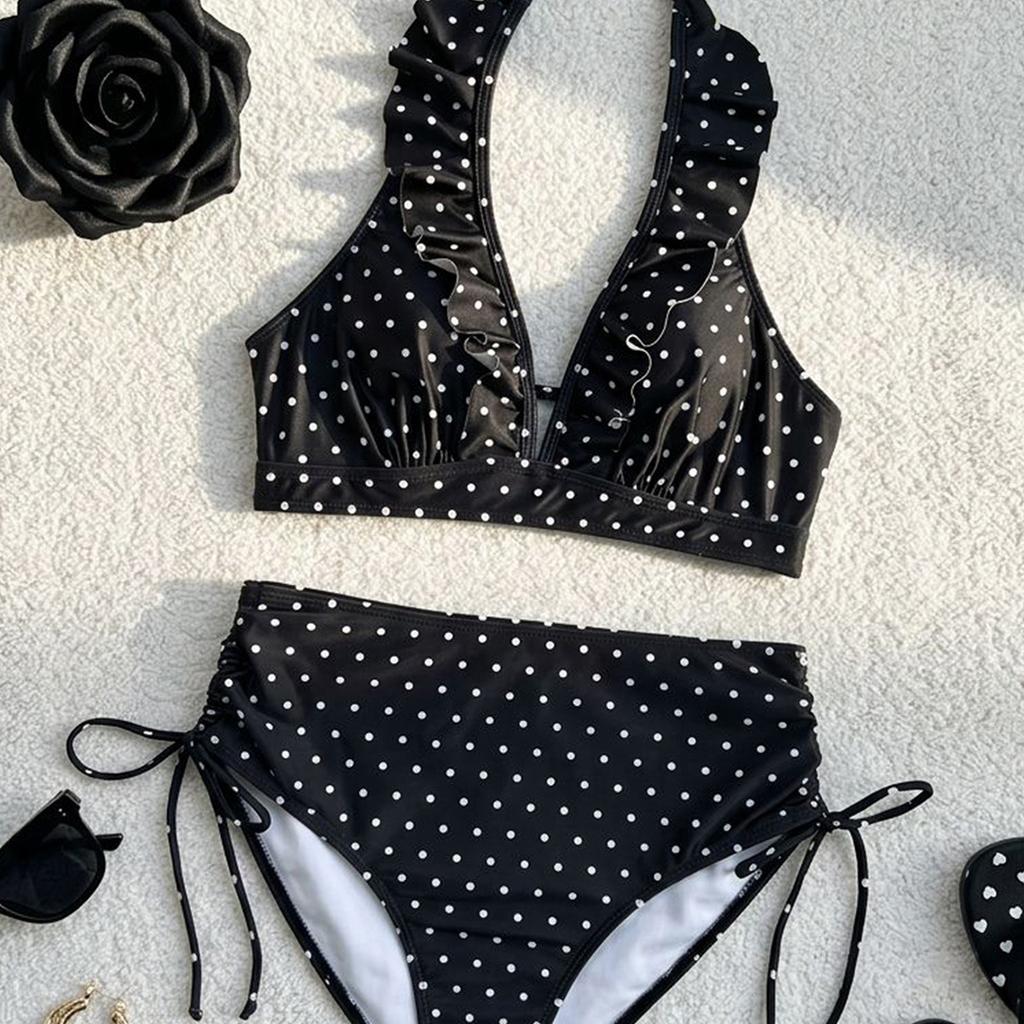 Costume da Bagno a Pois con Scollo all'Americana e Coulisse Sexy Set Bikini Due Pezzi
