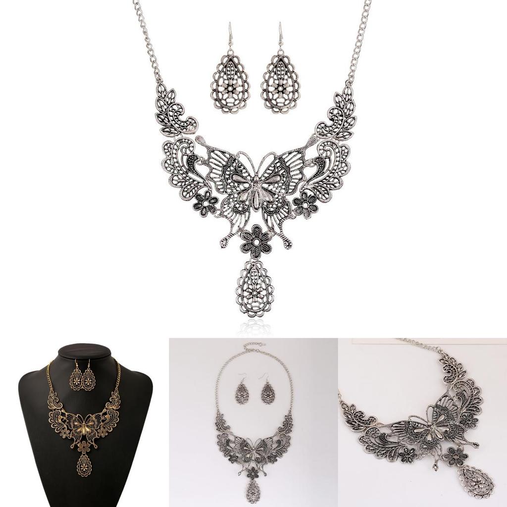 Fashion Hollowed Out Butterfly And Flower Design Women Necklace Earring Set For Women And Men