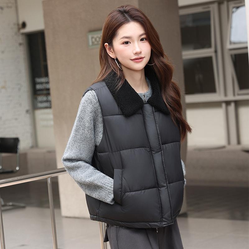 Xiaoxiangfeng lamb wool lapel down cotton vest women's short winter new fashion cotton vest thin vest
