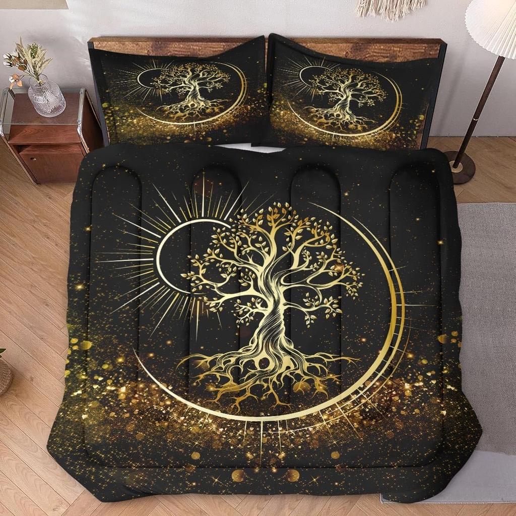 Queen Size Comforter Set with 2 Pillowcases Nature Tree of Life 3 Pcs Bedding for Kids and Adults Black Sun and Moon Soft