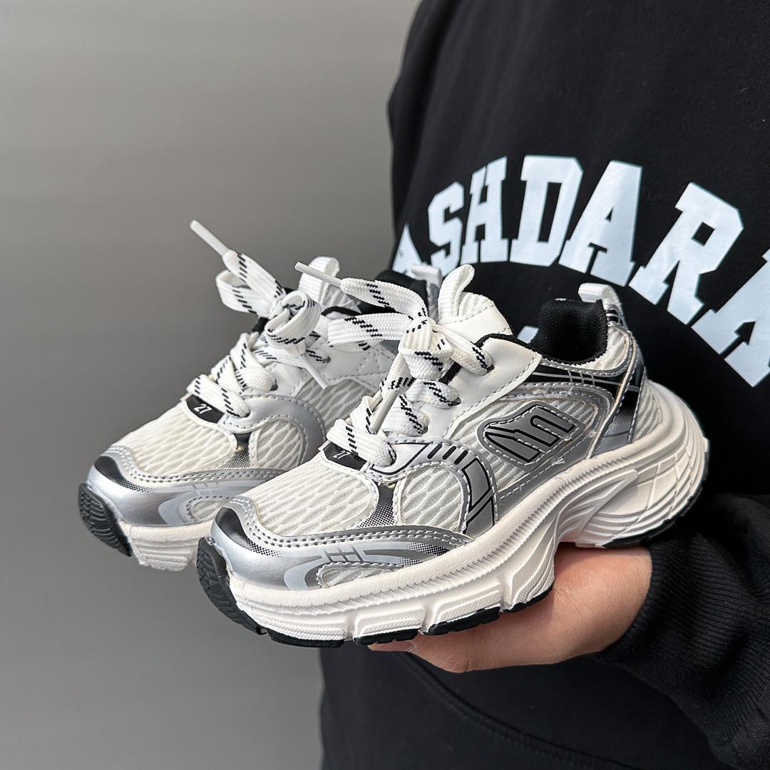 

Boys Girls Sneakers Thick Soft Sole Kids Running Shoes Mesh Breathable 2025 Spring Autumn Children Sports Shoes Non-slip Comfort 26 серебряный