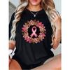 European Size Woman's Black Breast Cancer Awareness T Shirt Leopard Print Pink Ribbon Graphic Short Sleeve Casual Crewneck Tee Top for Daily Wear