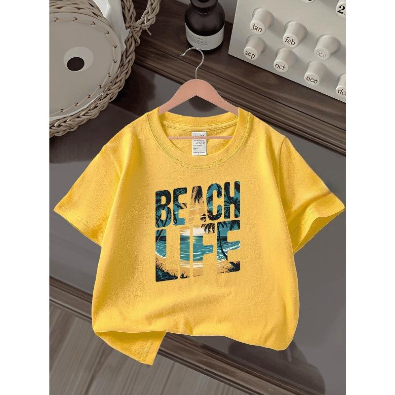 Boys Tropical Sunset Palm Tree Beach Print Soft Breathable Cotton Short Sleeve T-Shirt for Daily Outdoor Sports