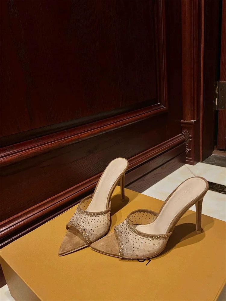Internet celebrity sandals women's summer wear thin heels pointed mesh rhinestone high heels open toe word with cool slippers