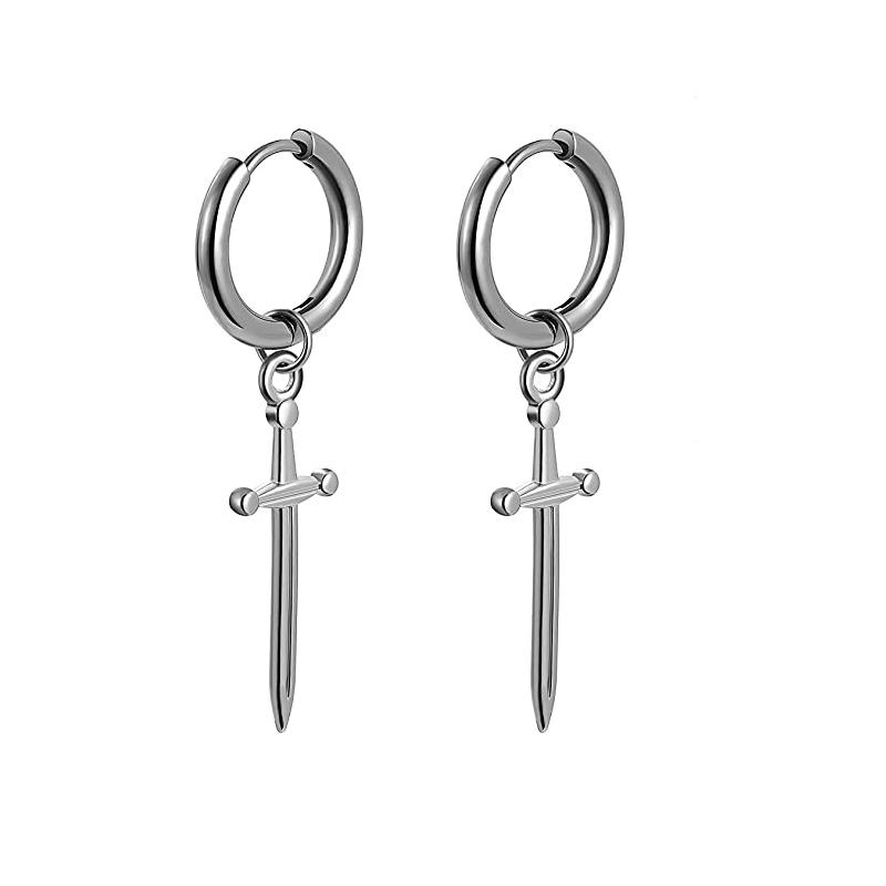 Set di 2 orecchini a cerchio pendenti con catena lunga a croce in acciaio inossidabile per uomo donna Regali Tono Nero/Argento