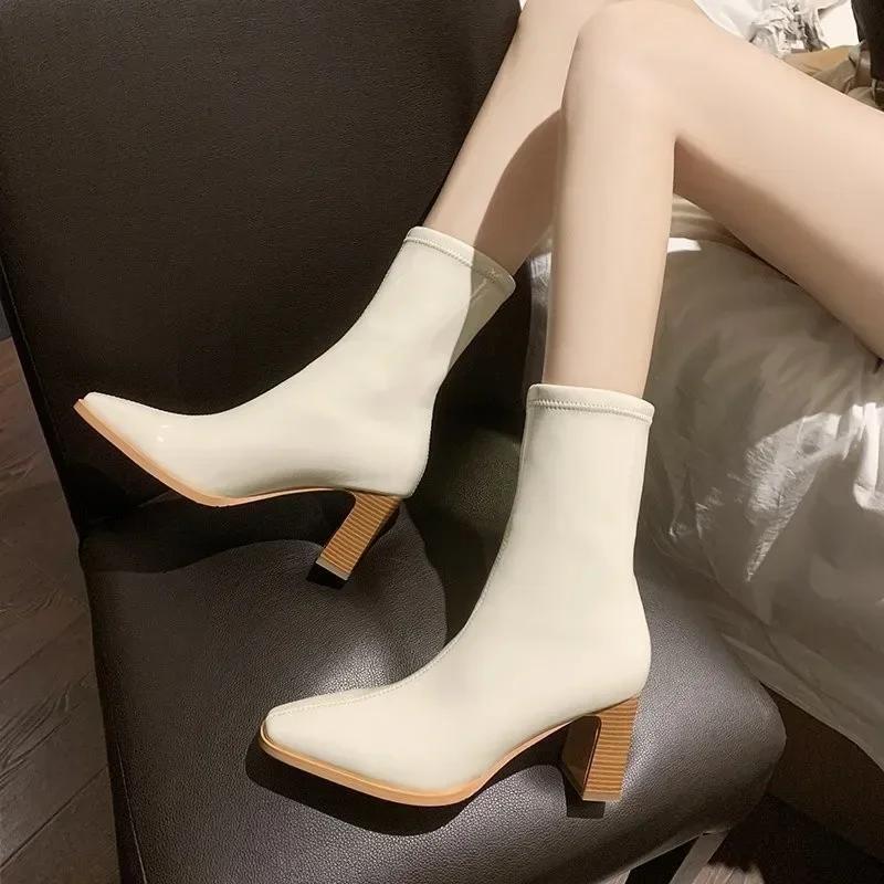 Women Patent Leather White Ankle Boots Women Autumn Fashion Slip On High Heels Boot Woman Pointed Toe Thick Heeled Short Booties