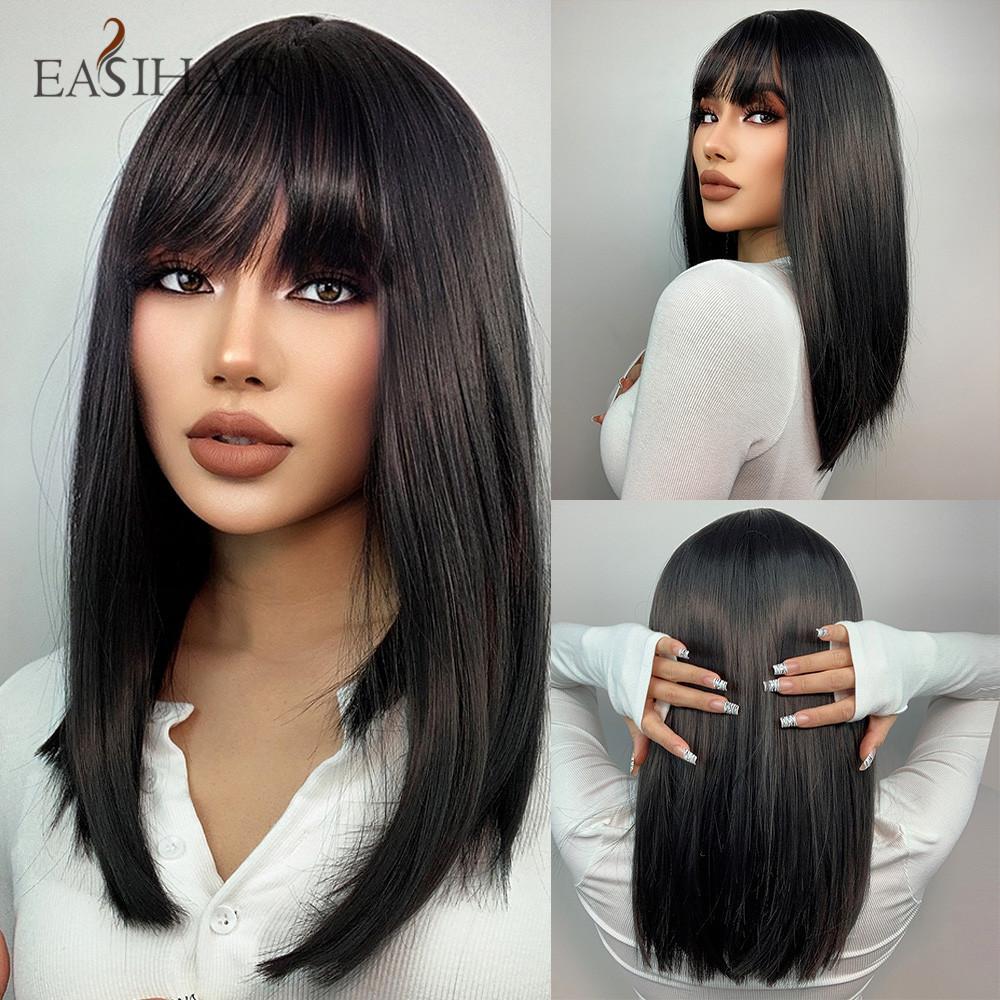 EASIHAIR Synthetic Bob Wigs with Bang Short Straight Light Blonde Beige Natural Hair Wigs for Women Daily Cosplay Heat Resistant