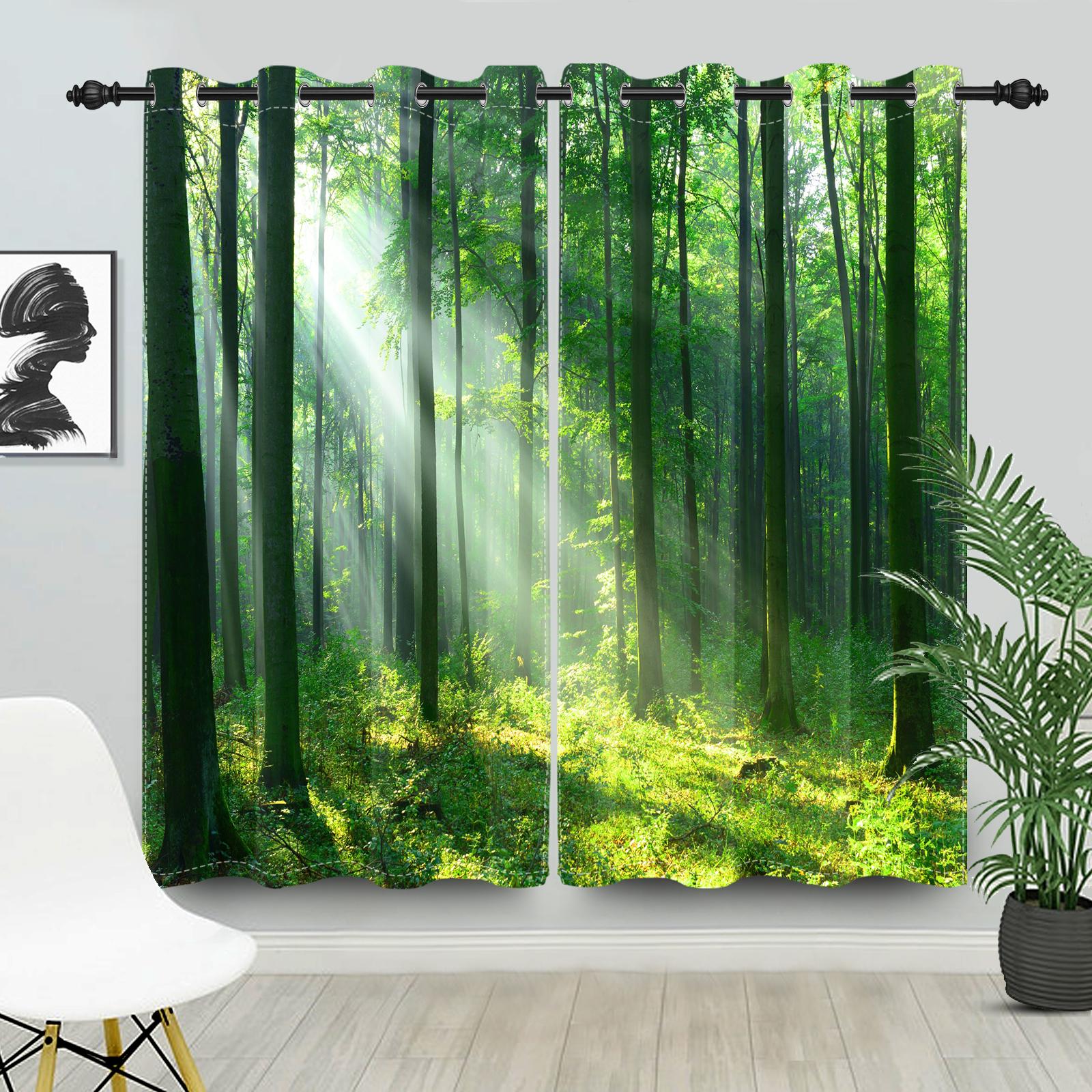 

2pcs blackout curtains perforated Polyester sunny forest and natural green space Curtain of bedroom balcony living room curtains 53x160cm 2pcs