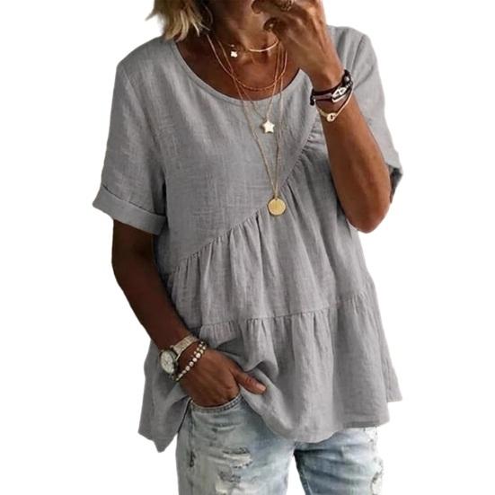 

Women T-shirt Round Neck Short Sleeve Ruffle Splicing Design Tee Shirt Pure Color Loose Fit Summer Casual S серый