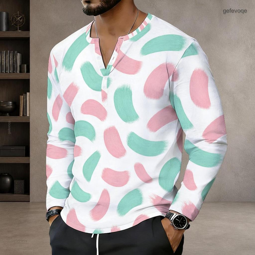 Men s Plus Size Notch Neck Long Sleeve Blue White Abstract Wave Printed Pullover Shirt