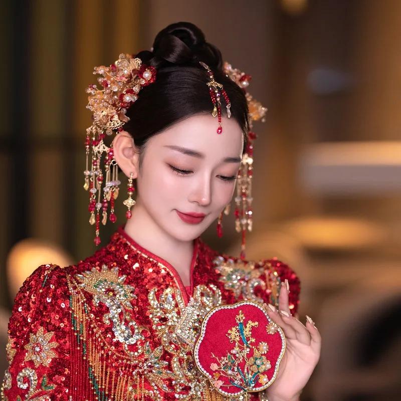 

Классический китайский стиль красный цветок Hanfu Xiuhe заколки для волос ручной работы кулон на лоб кисточка свадебные аксессуары для волос