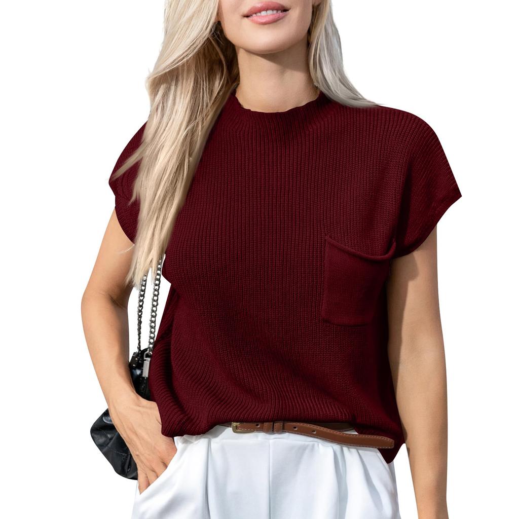 Women's Casual Fashion Sexy Color Comfortable And Breathable Round Neck Pullover Knitted Top With Pockets