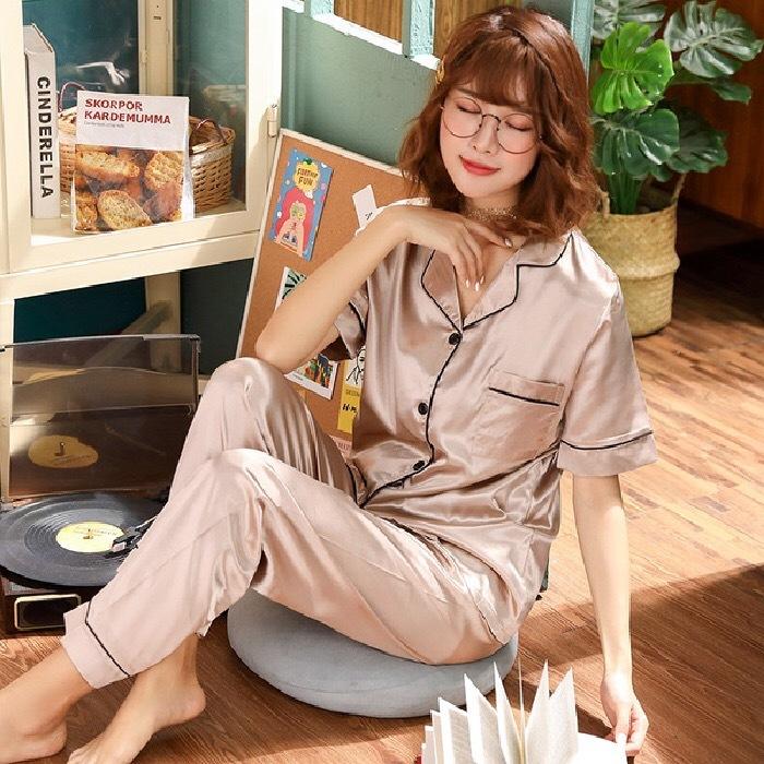 Solid color ice silk pajamas women's long-sleeved cardigan simulation silk spring summer loungewear women's autumn suit breathable