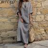 Women Spring Summer Clothing Plus Size Ladies Cotton Linen Loose Striped Long Dress with Pockets