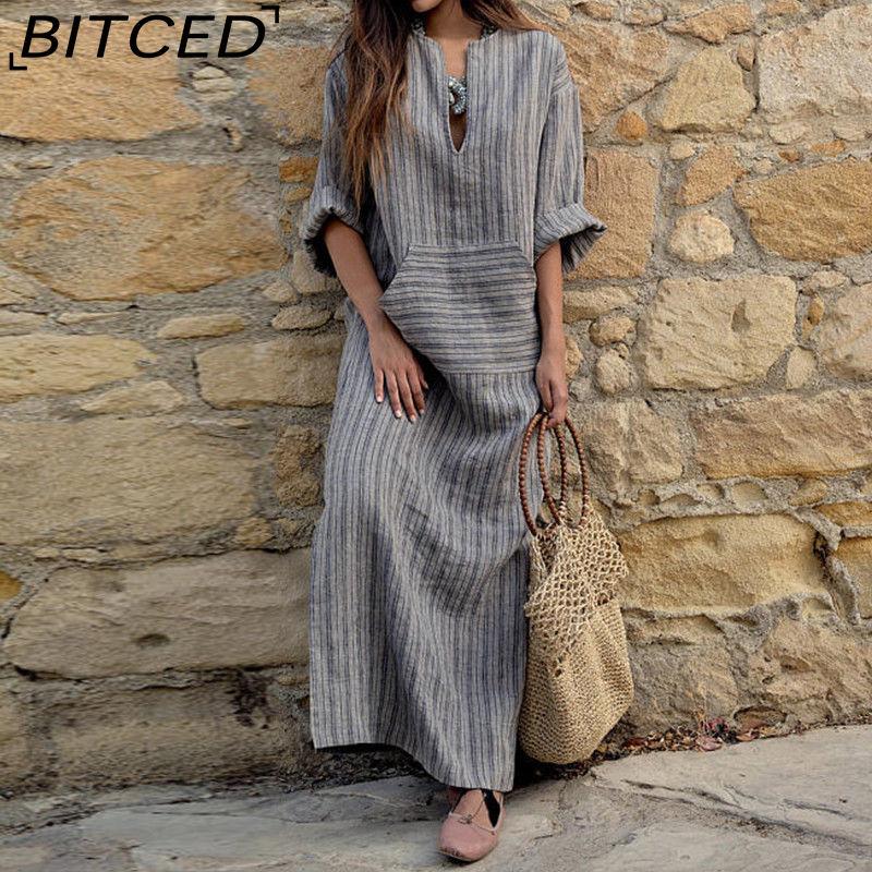 

BITCED Women Spring Summer Clothing Plus Size Ladies Cotton Linen Loose Striped Long Dress with Pockets XXXXXL серый