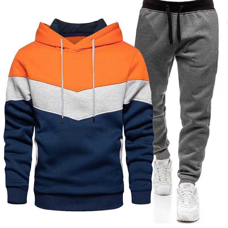Sports Suit Men's Plus Loose Hooded Sweatshirt Sweatpants Color Blocked 2-piece Set Light Panel