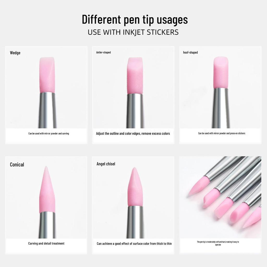 5-Piece Pink Silicone Nail Art Pen Set for Carving, Embossing, Gradient, and Mirror Powder Blending