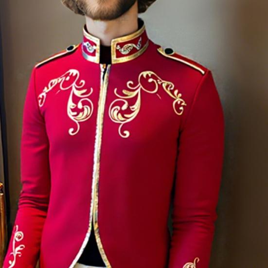 Yousheng Men Jacket Stand Collar Long Sleeve Golden Embroidered Pattern Short Coat Slim Fit Halloween Costume Travel Clothing