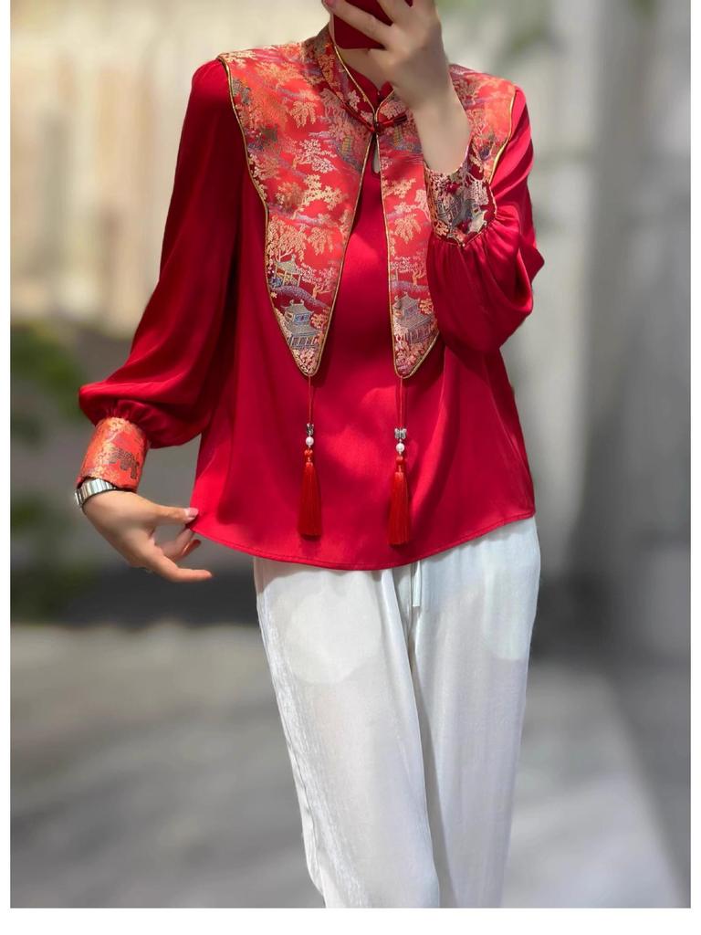 Chinese New Year 2024 Red Silk Dragon Shirt with Trumpet Sleeves