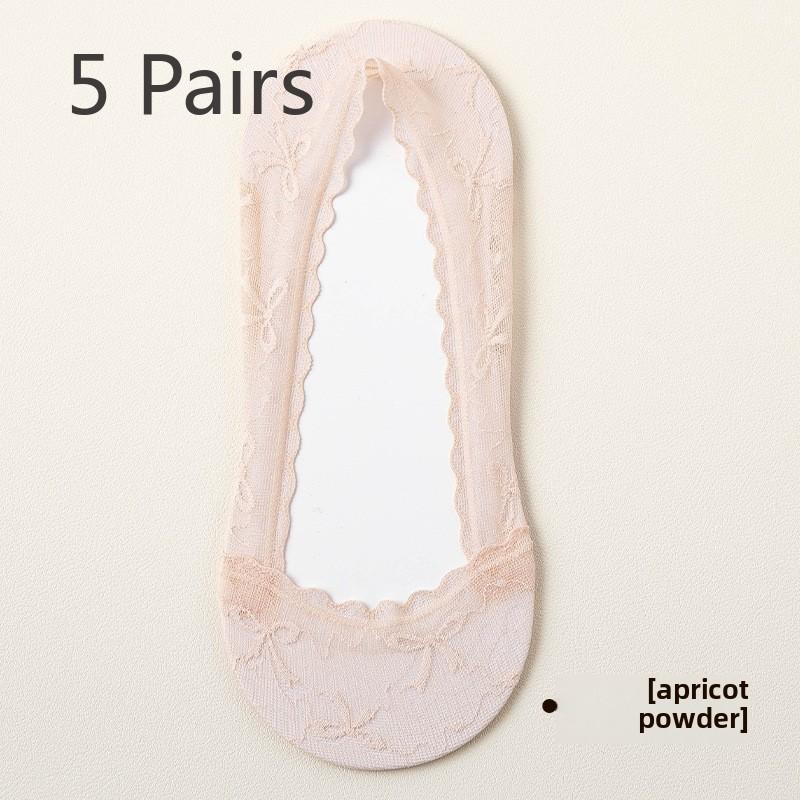 5 Pairs of Women's Spring/summer Lace Invisible Non Slip Pure Cotton Sweatwicking Boat Socks