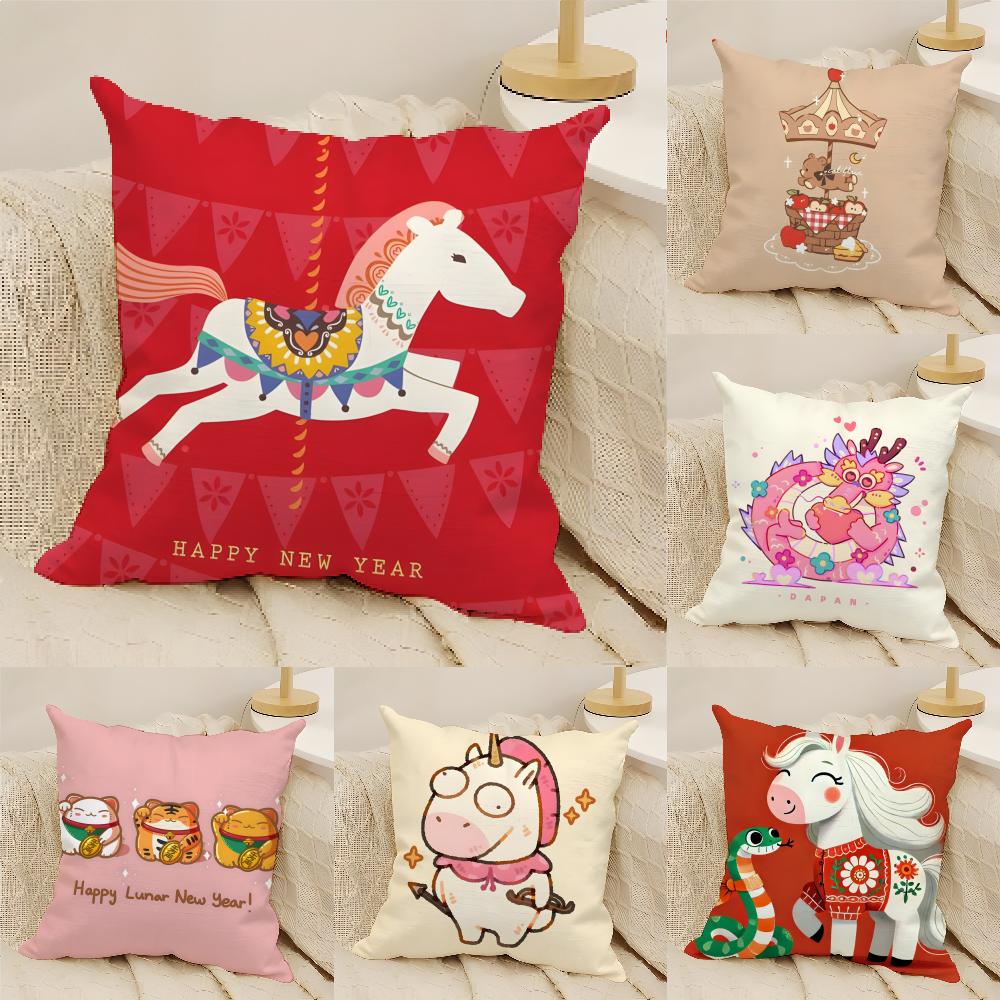 Festive Cartoon Chinese Dragon Print Pillow Case Cotton Linen Fabric Square Zipper Pillowcase Home Decorative Living Room