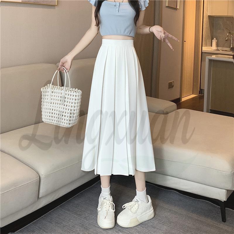 

Chic Plus Size A-Line Pleated Midi Skirt - Summer Solid Color, Age-Reducing Design S вершковий/білий