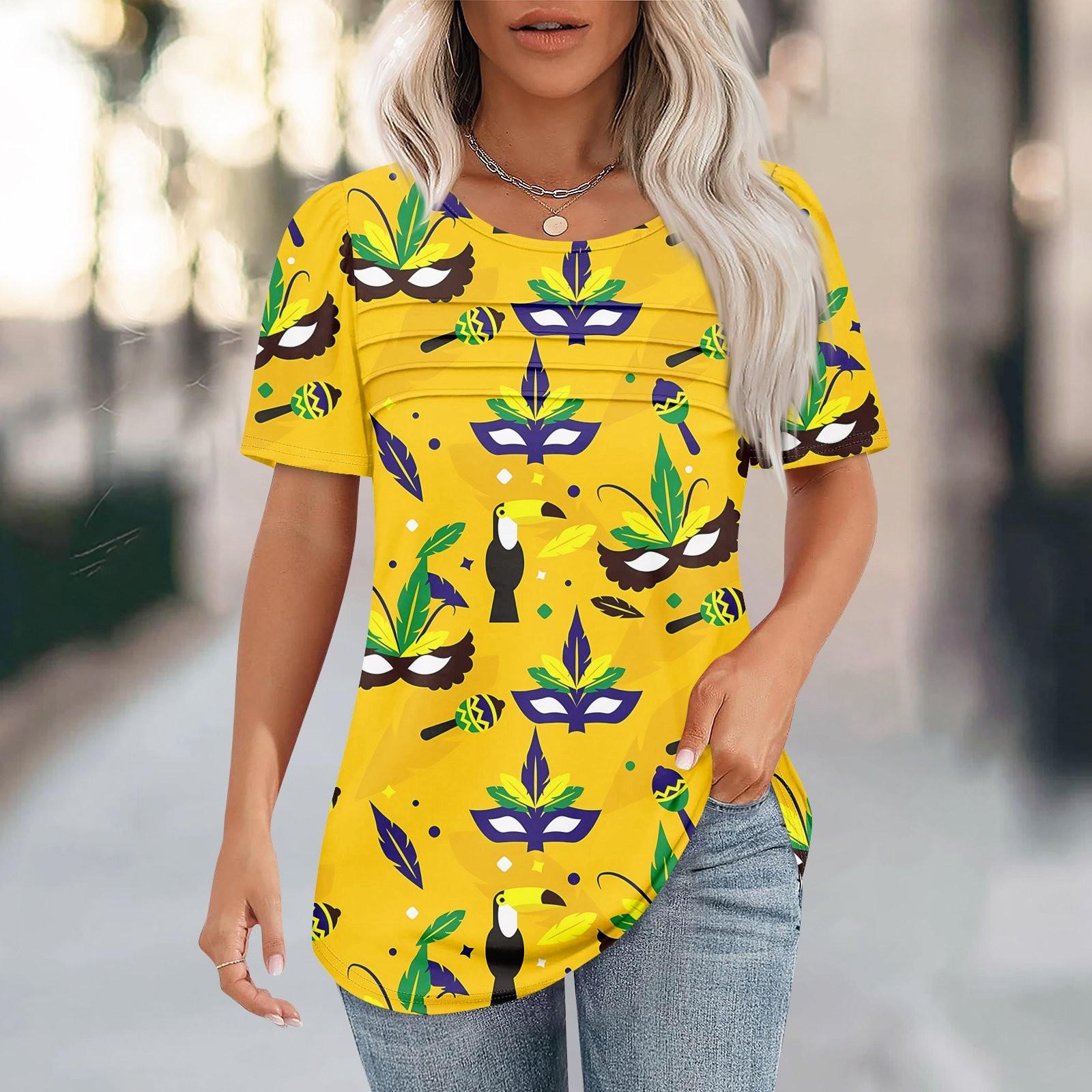 

Женский свободный топ с принтом карнавальной маски, короткими рукавами и круглым вырезом, плиссированный XL жёлтый