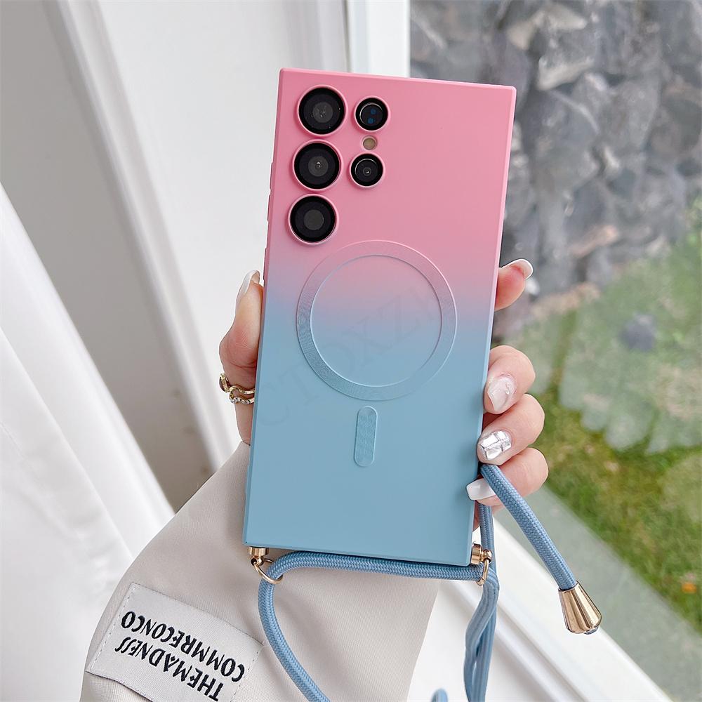 Crossbody Lanyard Cord Magsafe Case For Samsung S24 S23 S22 Ultra/iphone 15 14 13 12 11 Pro Max Gradient Matte Silicone Wireless Charging Back Cover