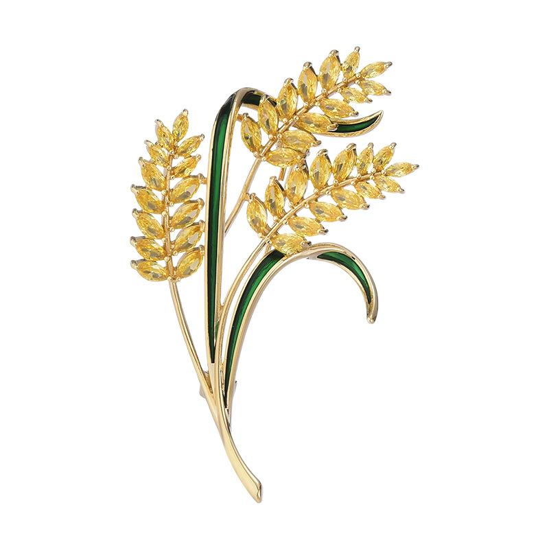 Yellow Three-Headed Rice Ear Brooch, High-End Luxury Gold Copper Zircon Corsage Coat Accessories