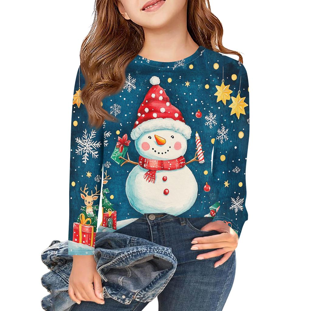 Christmas Day Girls Long Sleeve T Shirts Kids Fall Tops Crewneck Printed Basic Tees