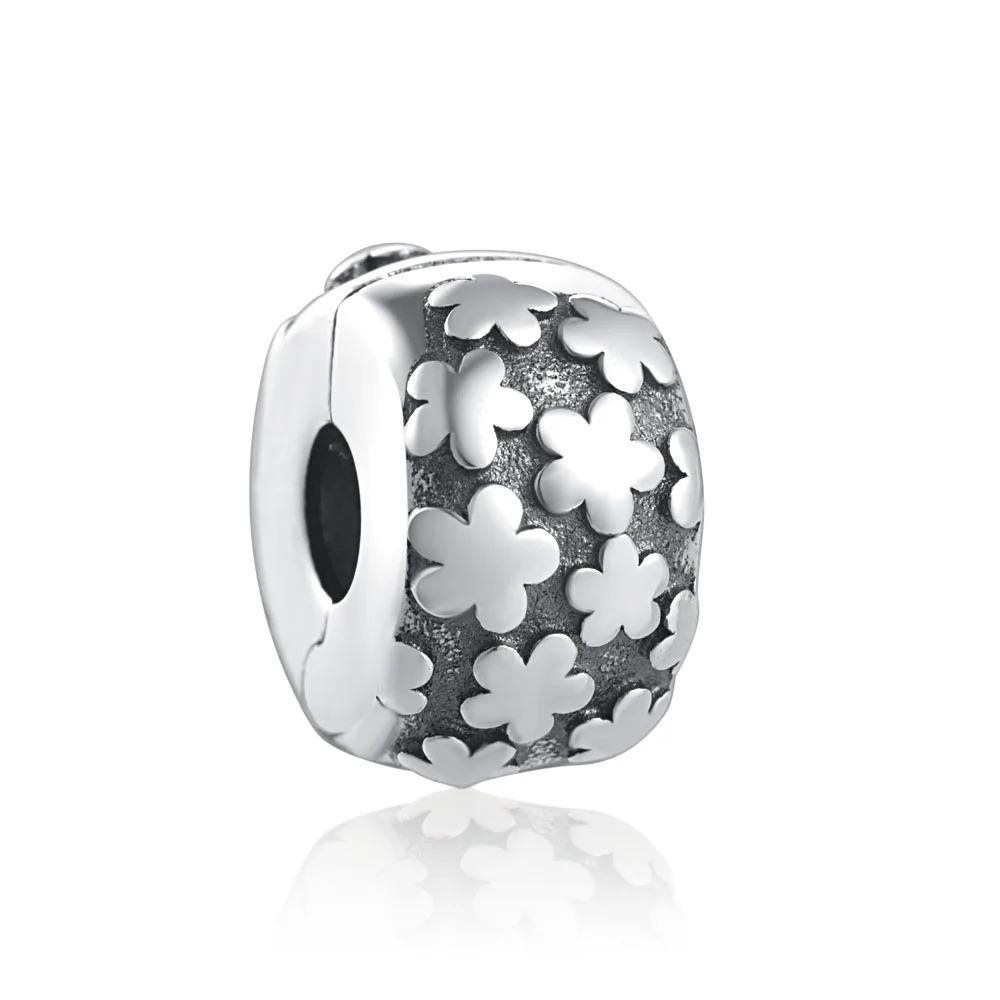 New 925 Silver Round Flower Pattern Sparkling Pink Heart-shaped Clip Charm Bead Fit for Original Bracelet DIY Women's Jewelry