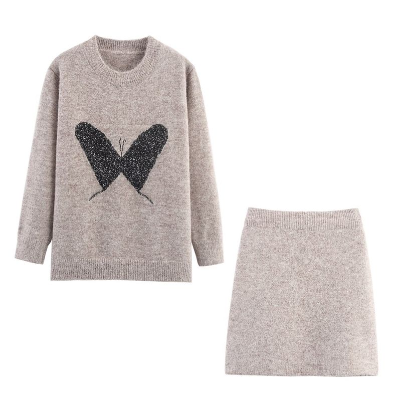 Kaslead New Women clothes Western Style Butterfly Bright Silk Jacquard round Neck Pullover Knit sweater Skirt Set
