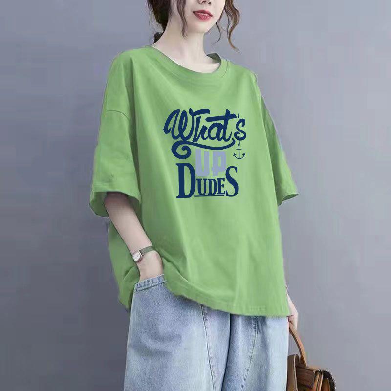 Summer Women's Tops Cotton Large Size T-shirt Polo Neck Loose Printed Casual Pullover T-shirt TopHarajuku Style Short Sleeved T-shirt