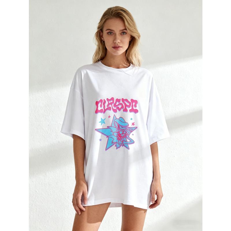 Oversized T Shirt Black Clespi Star Graphic And Text Print Casual Streetwear Fashion Top For Women