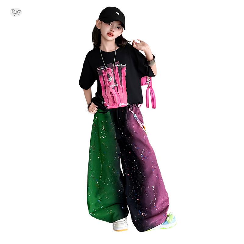 Girls' Summer 2026 Wide-Leg Pants & Loose T-shirt Set - Trendy Printed Design for Medium & Large Kids