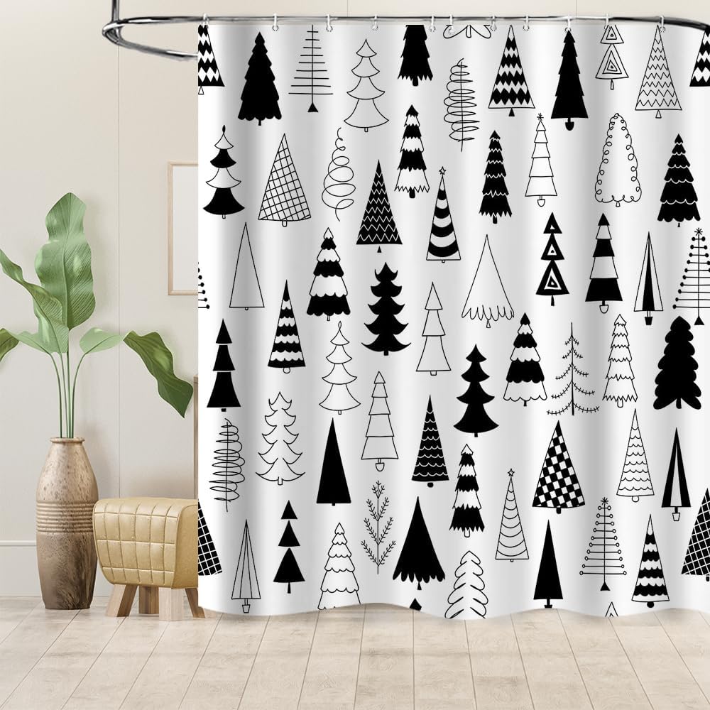Merry Christmas Black And White Tree Shower Curtain Xmas Pine Pattern New Year Holiday Bathroom Curtains, Winter Trees Bath