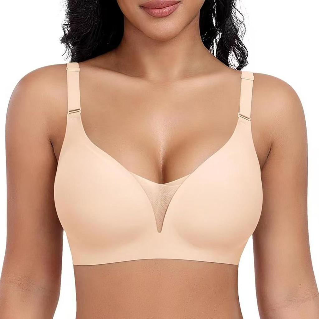 Plus Size Seamless Thin Wireless Deep V Push Up Back Closure Bra For Women