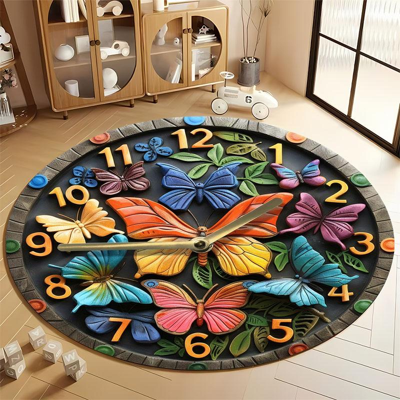 

HD butterfly-themed 3D wall clock printed Rug, non-slip decor mat for children s room round carpet for home sofa bedroom, gift Diameter 60cm