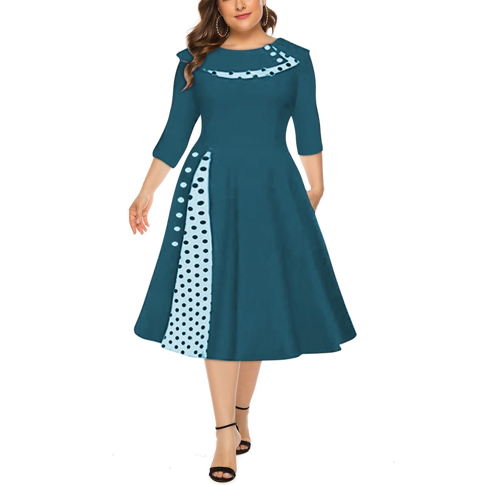 

Women s Fashion Retro Long Sleeve Round Neck Color Dot Waist Swing Dress S циан