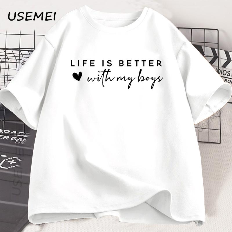 Life Is Better with My Boys TShirt Mom of Boys T Shirt Mothers Day Tshirt Cotton Printed Short Sleeves Funny Graphic Tee Shirt