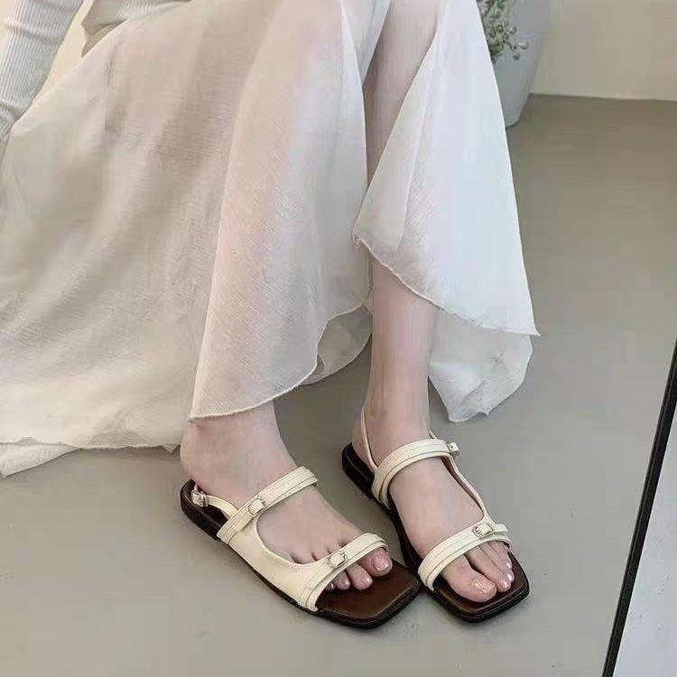 Leather sandals design sense one word temperament with Roman soft sole vacation seaside versatile shoes women's flat sandals French