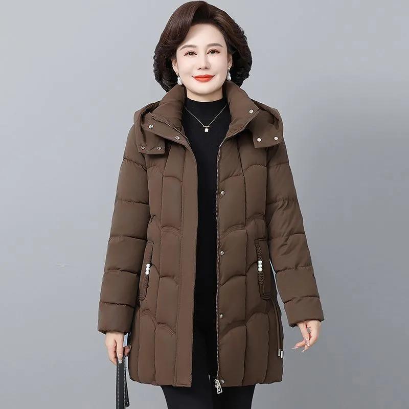 Women's Winter Thickened Hooded Parkas Quilted Long Pockets Middle Aged Female Overcoat